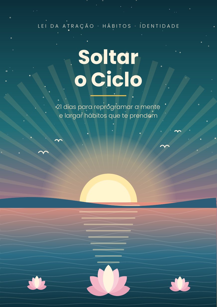Capa do e-book Soltar o Ciclo: um sol a nascer sobre o mar com uma flor de lótus