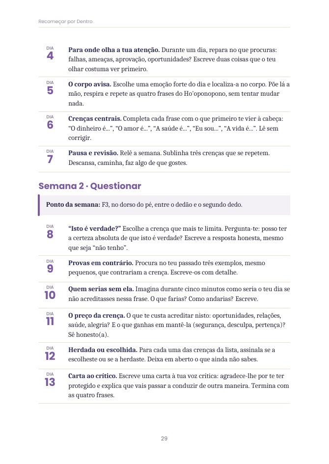 Página com as práticas diárias de um ciclo de 21 dias